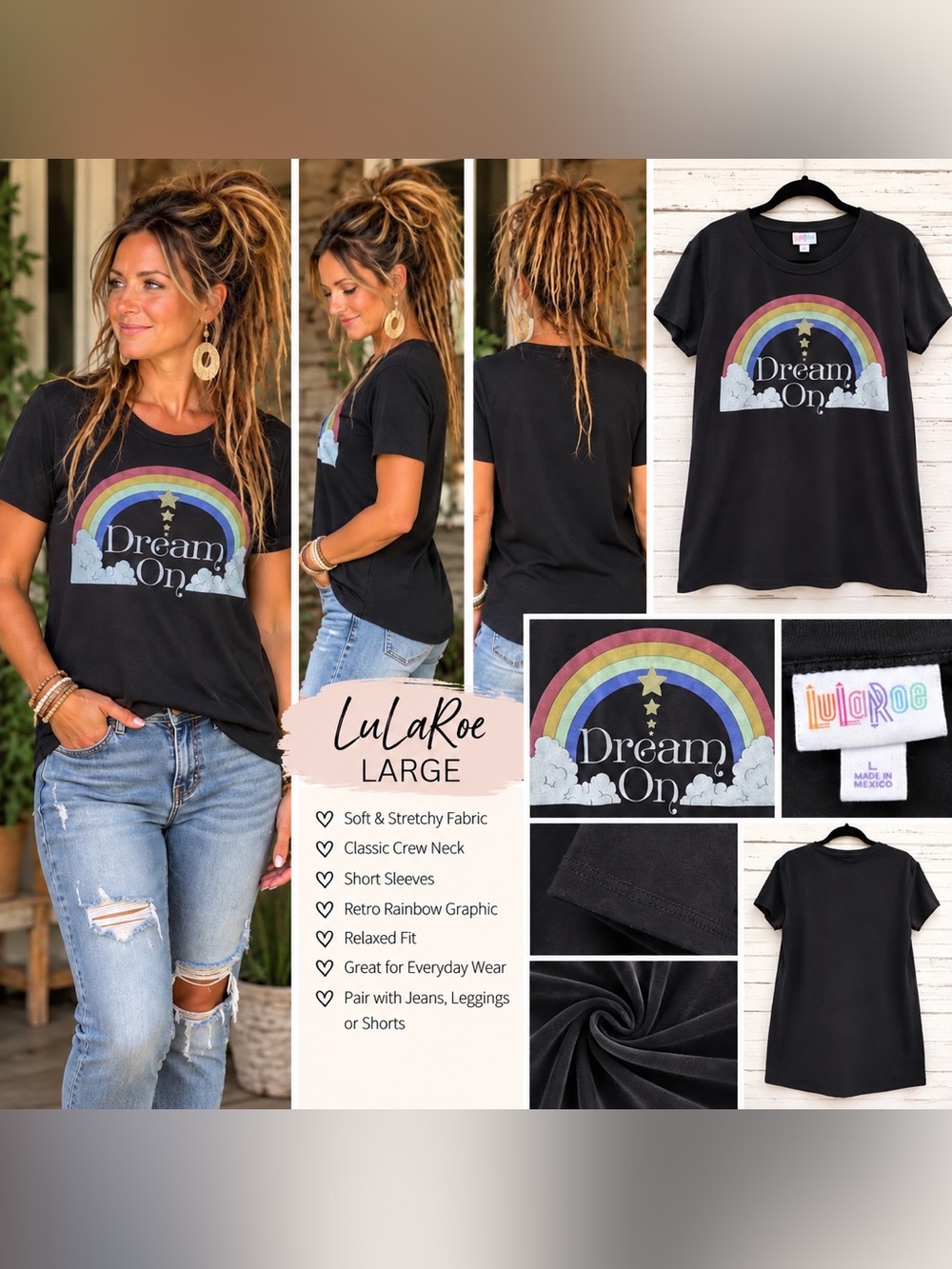 LuLaRoe Black Short-Sleeve Tee with Retro Rainbow "Dream On" Graphic
